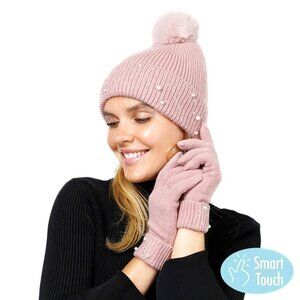 Tigerstars Pink Pearly Pom Pom Beanie Hat Gloves Set